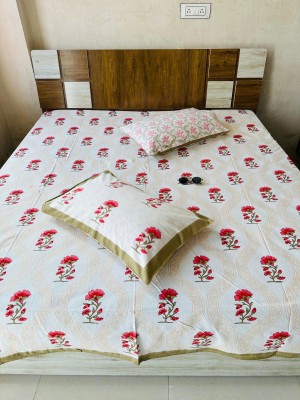 Sanganeri Hand Block Flower Buti Printed Cotton King Size Bed Cover with 2 Pillow Covers