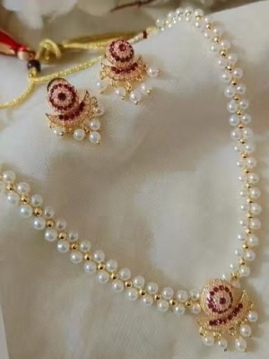 Elegant Traditional Indian Pearl Beads Work Fashion Golden Choker Necklace Earrings Set