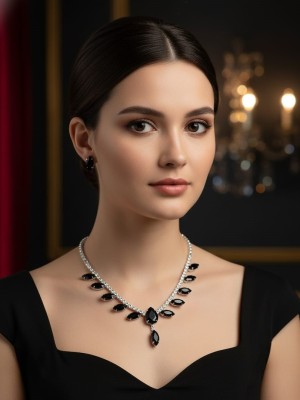 Black AD Necklace Set Silver Plated Wedding Sangeet Ceremony Stone Jewelry