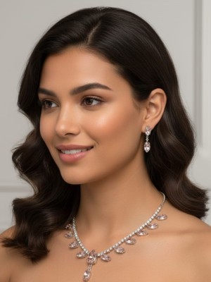 White AD Necklace Set Silver Plated Wedding Sangeet Ceremony Stone Jewelry