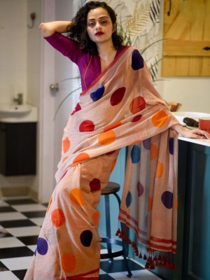 Multicolored Polka Print Pure Cotton Mulmul Saree with Blouse Piece