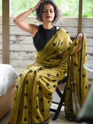 Olive Green & Black Polka Dot Printed Pure Cotton Mul Mul Saree with Blouse Piece