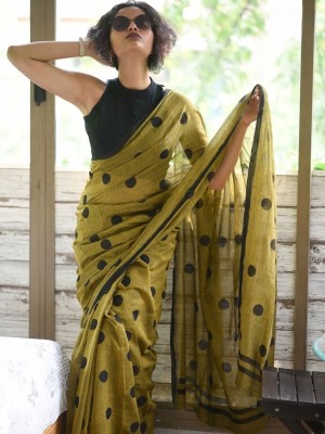 Olive Green & Black Polka Dot Printed Pure Cotton Mul Mul Saree with Blouse Piece