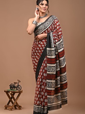 Maroon & Black Jaipuri Floral Buti Printed Cotton Mulmul Saree with Blouse