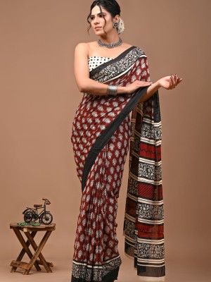 Maroon & Black Jaipuri Floral Buti Printed Cotton Mulmul Saree with Blouse