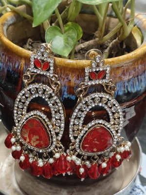 Traditional Indian Kundan Chandbali Earrings with Pearl Dangler Drops Polki Earring for Women