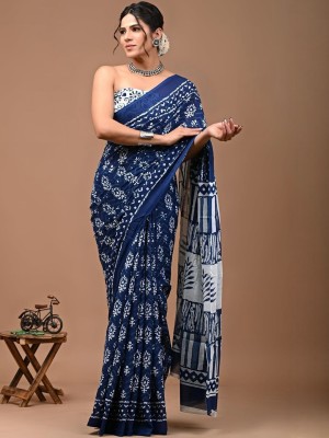 Jaimala Indigo Blue Floral Buti Block Print Cotton Mulmul Saree with Blouse Piece
