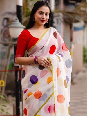 White Multi Colorful Polka Print Pure Cotton Mulmul Saree with Blouse Piece