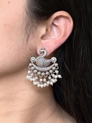 Elegant Peacock Designer Stud Earring Silver Plated Traditional Work Pearl Drops Earrings