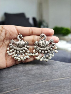 Elegant Peacock Designer Stud Earring Silver Plated Traditional Work Pearl Drops Earrings