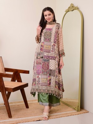 Beautiful Festive Heavy Work Pure Chinon Kurti Pant With Shiffon Dupatta Salwar Kameez (Set Of 3)