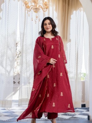 Beautiful Embroidery Work Premium Chanderi Anarkali Kurti Pant With Dupatta Salwar Kameez (Set Of 3)