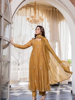 Beautiful Embroidery Work Premium Chanderi Anarkali Kurti Pant With Dupatta Salwar Kameez (Set Of 3)