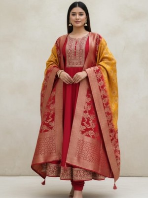 Beautiful Traditional Golden Zari Work Anarkali Kurta Pant With Banarasi Dupatta Salwar Kameez (Set Of 3)