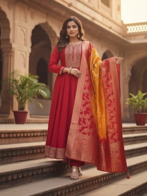 Beautiful Traditional Golden Zari Work Anarkali Kurta Pant With Banarasi Dupatta Salwar Kameez (Set Of 3)