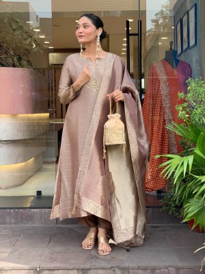 Festive Season Pure Kanjivaram Glass Tissue Hand Work On Neck Kurti Pant With Dupatta Salwar Kameez (Set Of 3)