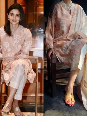 Alia Style Floral Thread Embroidery Work On Chanderi Kurti Pant With Dupatta Salwar Kameez (Set Of 3)