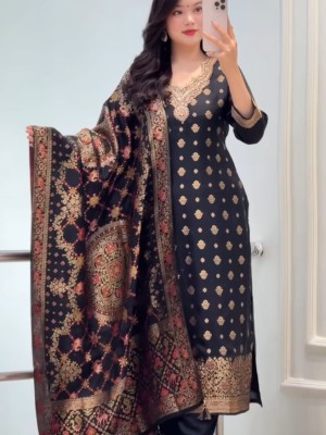 Beautiful Pure Kanjivaram Zari Wivig Kurti Pant With Dupatta Set Salwar Kameez (Set Of 3)