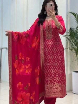 Beautiful Straight Fit Heavy Banarasi Silk Kurti Pant With Dupatta Set Salwar Kameez (Set Of 3)