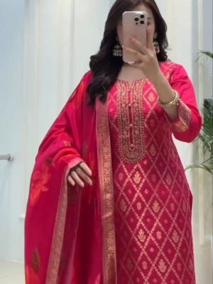 Beautiful Straight Fit Heavy Banarasi Silk Kurti Pant With Dupatta Set Salwar Kameez (Set Of 3)