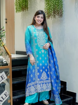 Beautiful Festive Design Hand Work On Neck Pure Chinnon Kurti Pant With Dupatta Set Salwar Kameez (Set Of 3)