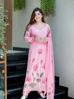 Beautiful Floral Design Hand Work On Neck Premium Chinnon Kurti Pant With Dupatta Set Salwar Kameez (Set Of 3)