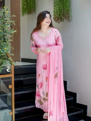 Beautiful Floral Design Hand Work On Neck Premium Chinnon Kurti Pant With Dupatta Set Salwar Kameez (Set Of 3)