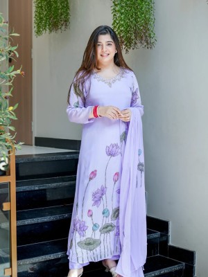 Beautiful Floral Design Hand Work On Neck Premium Chinnon Kurti Pant With Dupatta Set Salwar Kameez (Set Of 3)