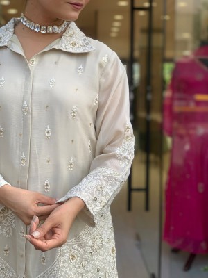 Royal Look Chanderi Silk Full Premium Quality  Embroidery Work On Co Ord Set Kurti Pant Dress for Women (Set Of 2)