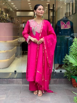 Pink Embroidery Work On Yoke And Sleeves A-Line Cotton Kurti Pant Dupatta Set Salwar Kameez for Women