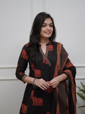 Black Elephant Printed Kurti Pant Dupatta Set Indian Angrakha Style Cotton Straight Salwar Kameez Set