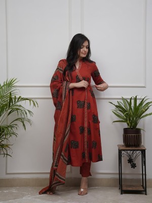 Red Elephant Printed Kurti Pant Dupatta Set Indian Angrakha Style Cotton Straight Salwar Kameez Set