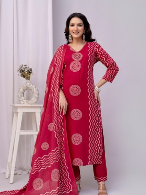 Red Readymade Indian Cotton Straight Salwar Suit Kurti Pant Set for Women - Set of 3