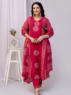 Red Readymade Indian Cotton Straight Salwar Suit Kurti Pant Set for Women - Set of 3