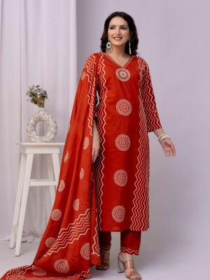 Orange Readymade Indian Cotton Straight Salwar Suit Kurti Pant Set for Women - Set of 3