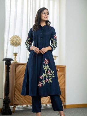 Navy Blue Color Readymade Embroidered Co Ord Set Kurti Pant Set Indian Pintex Pattern Salwar Kameez Set
