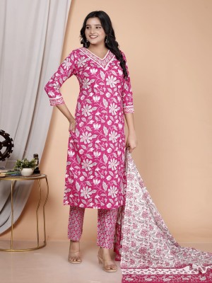 Pink Floral Printed Indian Traditional Readymade Straight Salwar Kameez Kurti Pant Dupatta Set for Women - Set of 3