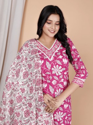 Pink Floral Printed Indian Traditional Readymade Straight Salwar Kameez Kurti Pant Dupatta Set for Women - Set of 3
