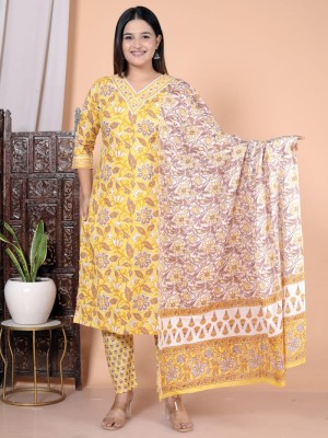 Yellow Floral Printed Indian Traditional Readymade Straight Salwar Kameez Kurti Pant Dupatta - Set of 3