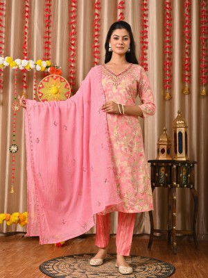 Lavanya Light Pink Readymade Cotton Indian Ethnic Straight Salwar Suit Kurti Pant Set for Women - Set of 3