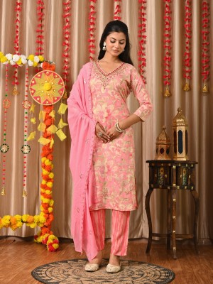 Lavanya Light Pink Readymade Cotton Indian Ethnic Straight Salwar Suit Kurti Pant Set for Women - Set of 3