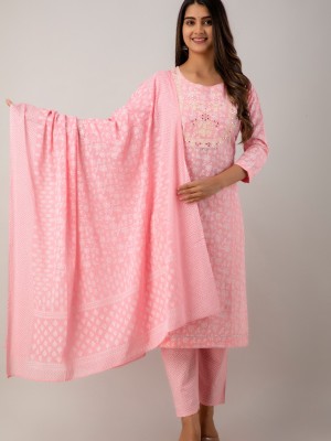 Pink Floral Printed Indian Traditional Readymade Straight Salwar Kameez Kurti Pant Dupatta - Set of 3