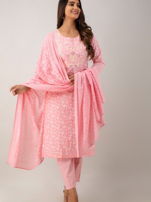 Pink Floral Printed Indian Traditional Readymade Straight Salwar Kameez Kurti Pant Dupatta - Set of 3