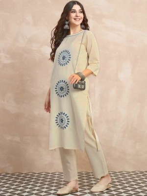 Bavya Off White Motifs Embroidery Indian Khadi Cotton Salwar Kameez Kurti Pant Co Ord Set - Set of 2