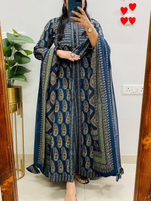 Blue Paisley Motifs Printed Front Slit Anarkali Kurti Pant Dupatta Set Gown Dress Salwar Kameez (Set of 3)