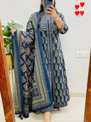 Blue Paisley Motifs Printed Front Slit Anarkali Kurti Pant Dupatta Set Gown Dress Salwar Kameez (Set of 3)