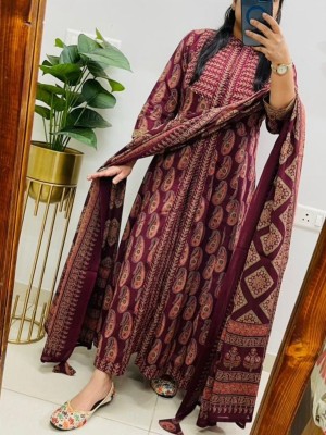 Maroon Paisley Motifs Printed Front Slit Anarkali Kurti Pant Dupatta Set Gown Dress Salwar Kameez (Set of 3)