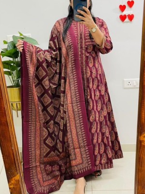Maroon Paisley Motifs Printed Front Slit Anarkali Kurti Pant Dupatta Set Gown Dress Salwar Kameez (Set of 3)