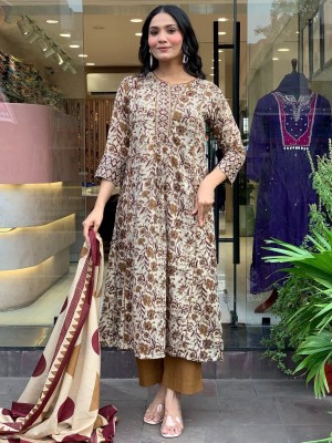 Bhavya Beige & Green Anarkali Cotton Floral Printed Indian Traditional Salwar Kameez Set for Women - Set of 3