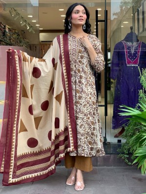 Bhavya Beige & Green Anarkali Cotton Floral Printed Indian Traditional Salwar Kameez Set for Women - Set of 3